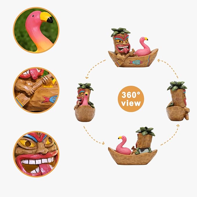 Solar Tiki Statue Outdoor Decor-Tiki Bar Decor -Outdoor Tiki Statue Decoration for Garden,Lawn,Balcony,Yard,Tiki Flamingos Boating Hawaiian Tropical Decor Figurine Gift