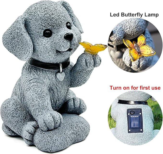 Solar Garden Decor Dog Statue with Butterfly Light Solar Lights Outdoor Waterproof Outdoor Solar Lights Garden Decor for Outside Lawn Decor Cute Dog Statue for Patio, Balcony, Yard Ornament