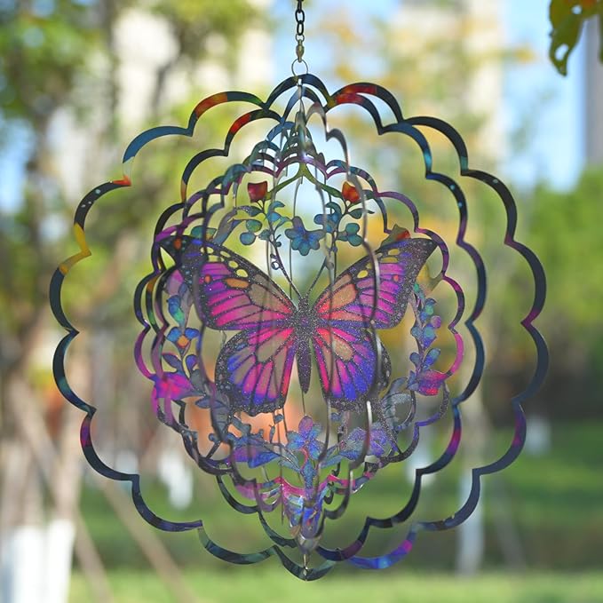 Wind Spinners 2 Pack Metal Butterfly - Butterfly Gifts for Women Mom Grandma Wife, Hanging Wind Spinner for Outdoor & Indoor Decorations, 12 inch 3D Wind Spinner for Ornament Gifts