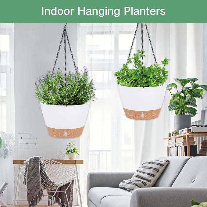 QCQHDU 2 Pack 10 inch Hanging Planters for Indoor Plants, Outdoor Hanging Baskets, Self Watering Pots with Drainage Holes & Removable Tray (White, 10 inch)
