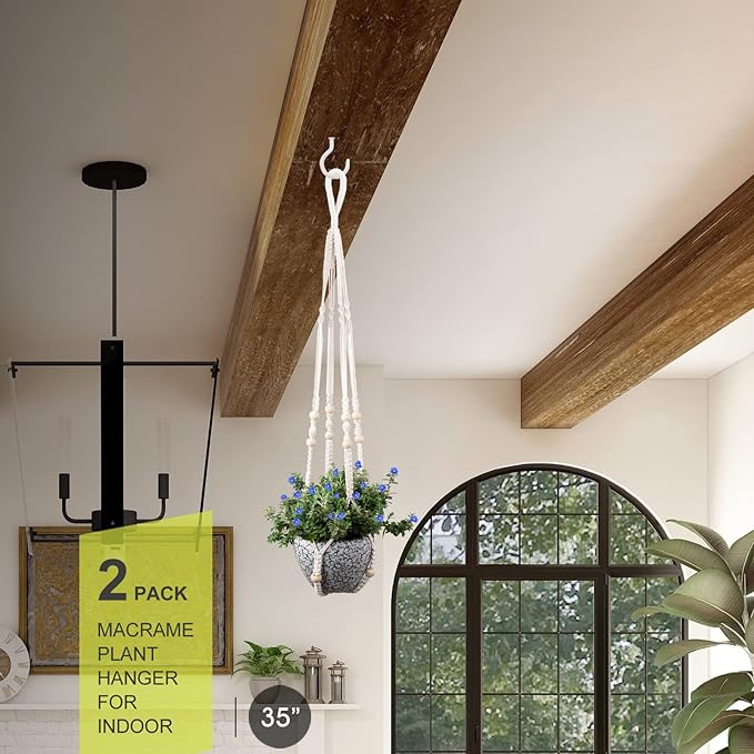 Macrame Plant Hanger for 5 to 10 Inch Plant Pots, Set of 2 Indoor Handmade 35 Inch Woven Rope Hanger Kits with Hooks and Wood Beads, Hanging Planter Basket Holder for Boho Home Decor (White, 2 Pack)