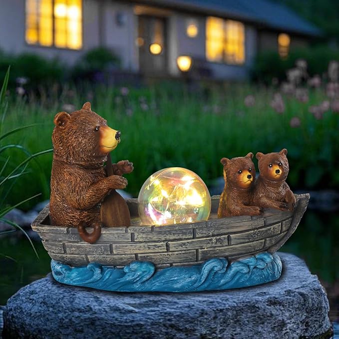 Solar Bears Boating Statue with Ball Light 5" Resin Bear Figurines Waterproof Bear Decorations for Home Yard Patio Porch Balcony Best Garden Gifts for Women Mothers Grandmothers Sisters