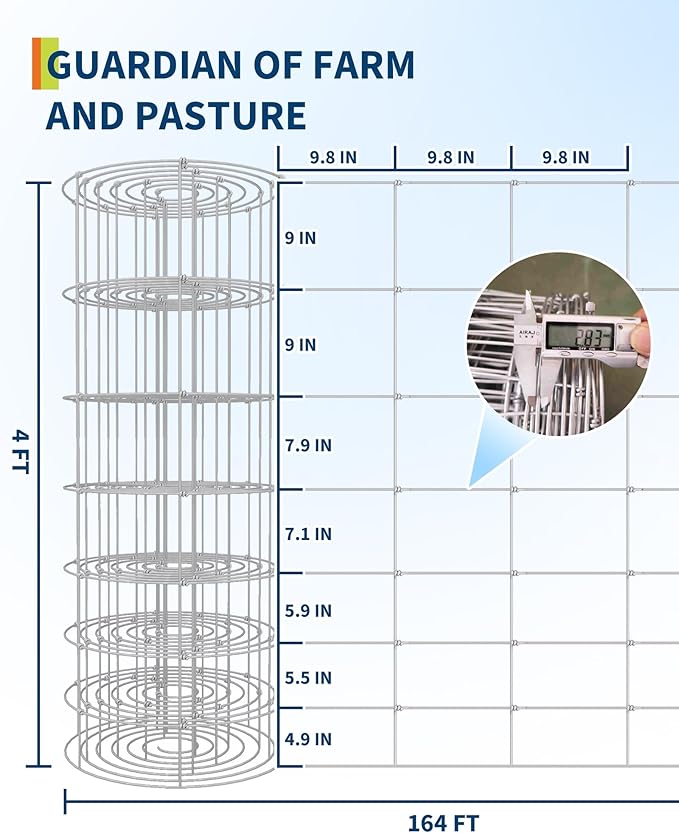 9GA Thickened Heavy Duty Cattle Farm Fence, 4ft x 164ft Galvanized Goat Deer Fence, Heavy Zinc Coating Hog Wire Fencing for Farm Livestock Animals Protection