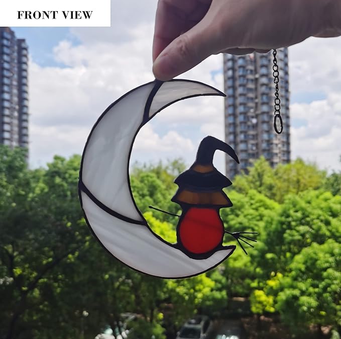 Witch On Moon Stained Glass Window Hanging Panel, Suncatcher for Windows, Witch Decor Riding Moon Face Sun Catcher Halloween Ornament.
