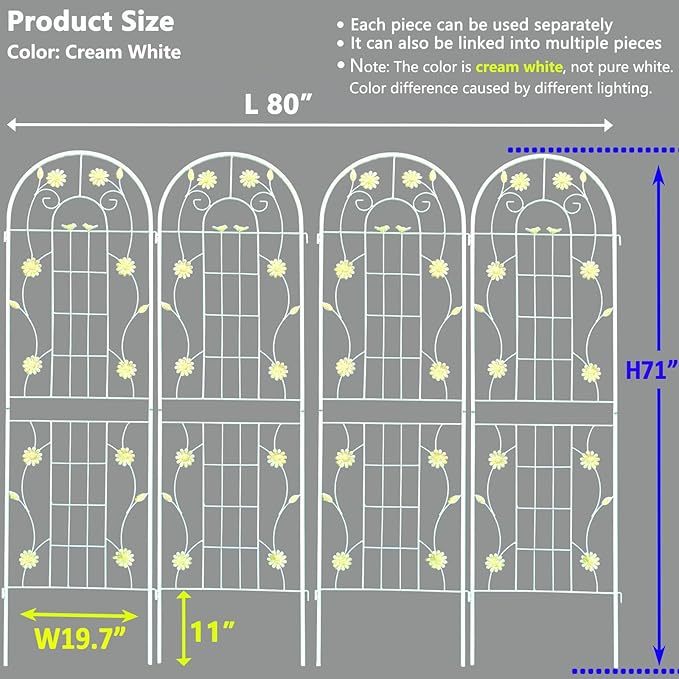 4 Pack Metal Garden Trellis 71" H Cream White Garden Fence Rustproof Trellis for Climbing Plants Support Roses Flower Outdoor Lawn, White 6FT