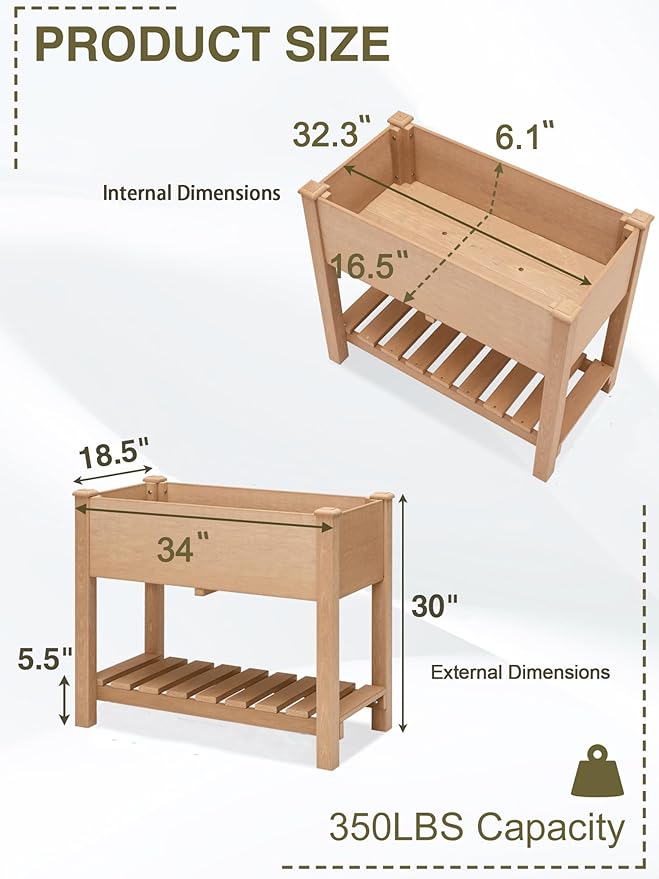 Psilvam Planter Box Raised Garden Bed, Poly Lumber Raised Garden Beds Outdoor with Storage Racks and Tarps, Superior to Cedar Elevated Garden Bed, for Balcony and Porch, 350 lbs Load (Teak Color)