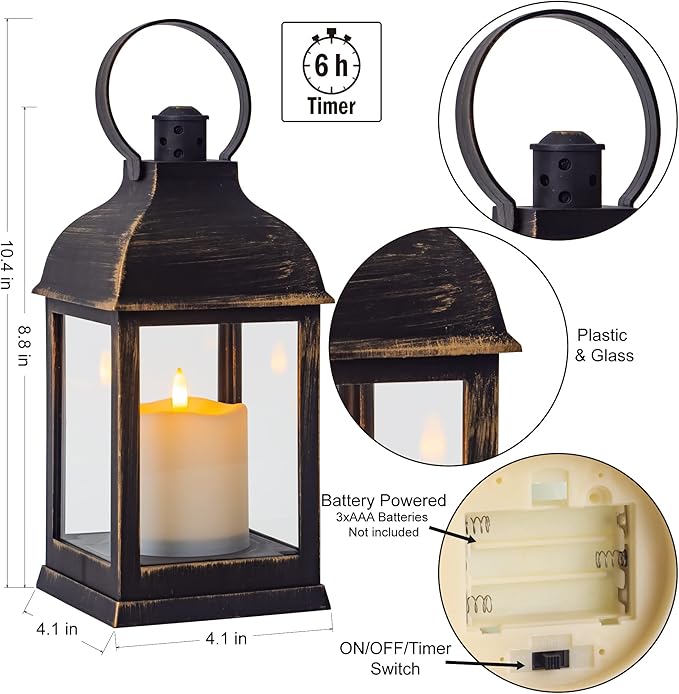 Vintage Lantern Decorative LED Flickering Flameless Candle with Timer, Battery Powered LED Decorative Hanging Golden Brushed Black Lanterns for Indoor Outdoor Garden Yard Home Decor(1 Pack)