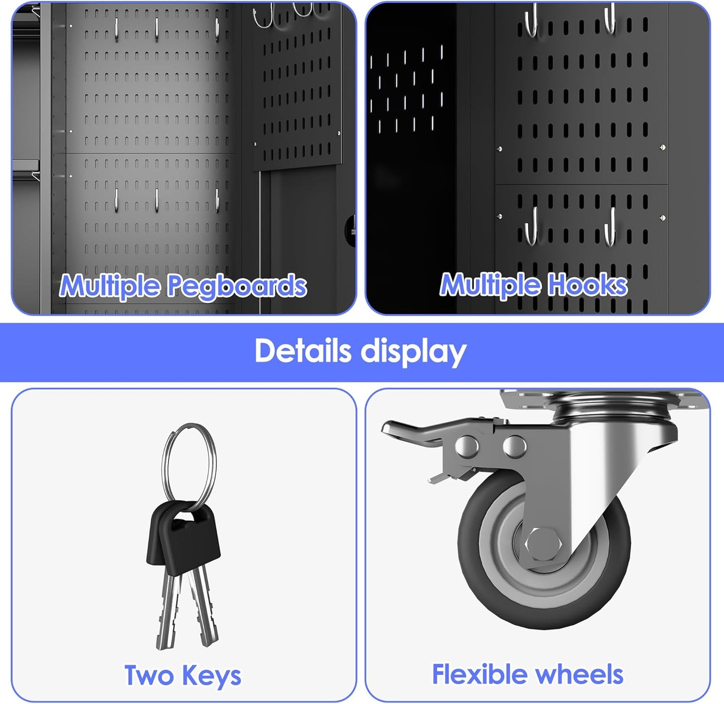 Garage Storage Cabinet with Wheels, 61.7" H Broom Closet Storage Cabinet with Hanging Rod, 5 Pegboard and 13 Hooks, Metal Cabinets with Locking Doors and 4 Shelves, Black