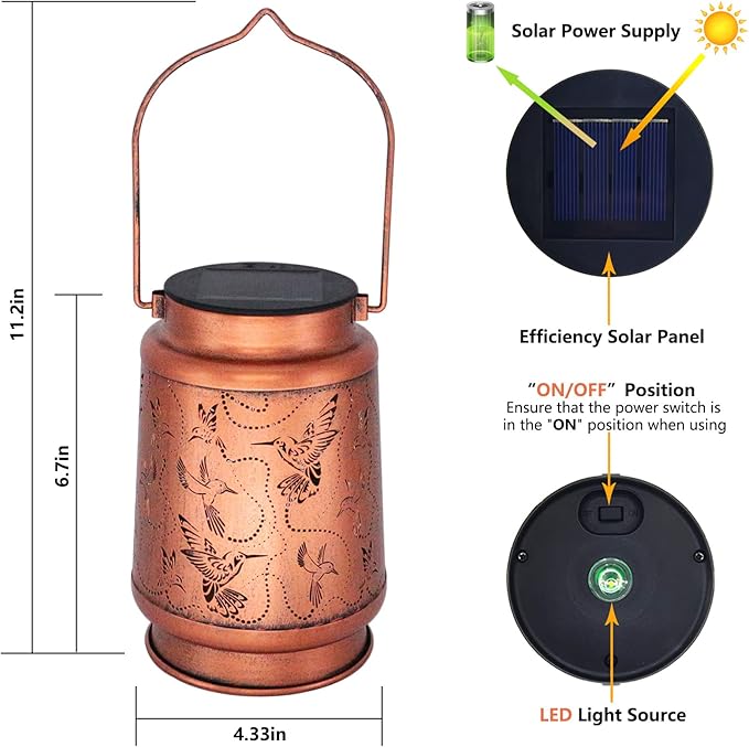 2 Pack Solar Hummingbird Lanterns Outdoor Hanging Decor Lantern,Waterproof Hollow Out Metal Decorative Garden Light,Graceful Decoration for Patio,Yard,Landscape,Walkway,Festival