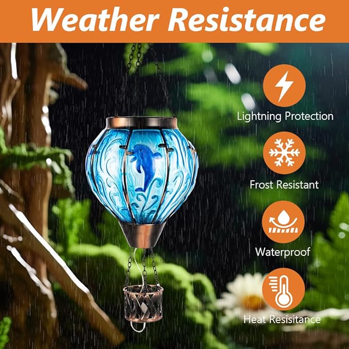 Blue Dolphin Hot Air Balloon Solar Lantern with Flame Flickering Light LED Glass Hanging Solar Lanterns Outdoor Waterproof Hot Air Balloon Decor for Patio Yard Garden Mother Day Gift for Women
