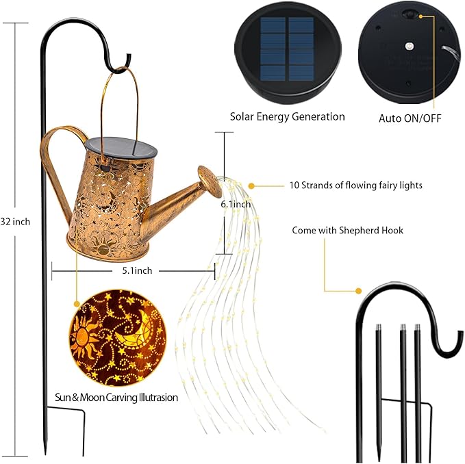 Solar Garden Lights Outdoor, Solar Watering Can Lights Garden Decor Gifts for Grandma Mom, Sun Moon Waterproof Hanging Lantern with String Lights, Yard Decoration for Patio Porch Lawn Backyard Pathway