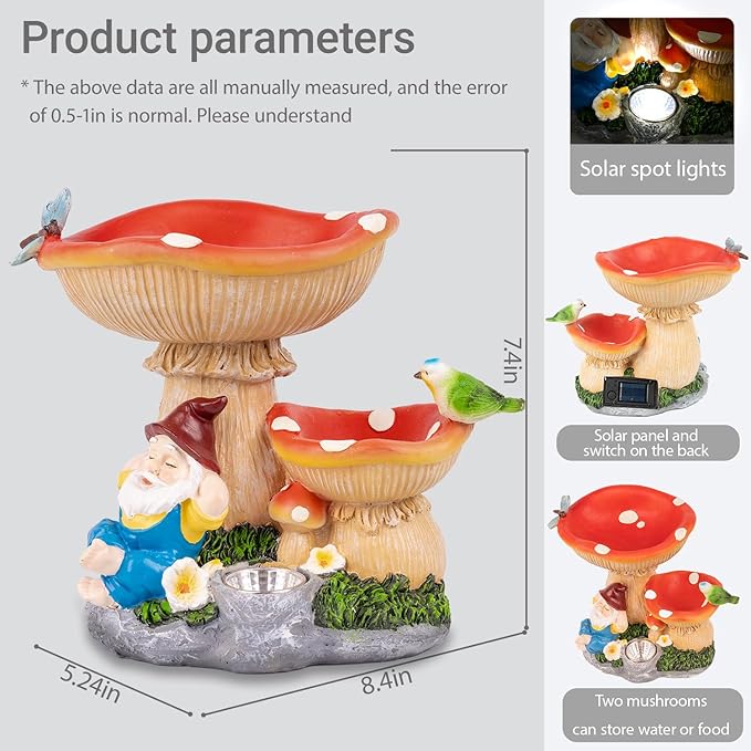 Solar Garden Statue Gnomes Figurine Lights, Bird Water Feeder and Gnomes who are Lazy Under Mushrooms, Outdoor Yard Decorations for Patio Porch Home, Garden Gifts for Women Mom
