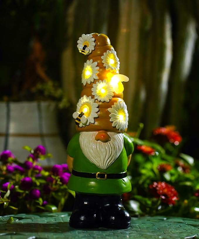 Solar Gnome Garden Statue for Decor: Outdoor Figurines Sculpture with Lights and Bee for Lawn Patio Yard Balcony - Gifts for Mom Women