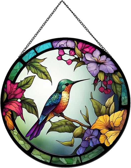 Hummingbirds and Flowers Pattern Hanging Stained Glass Suncatcher,Stained Glass Suncatchers for Windows,20cm/7.87inch Hand-Painted Sun Catcher Garden Painted Glass Panel Decor Themed Gift