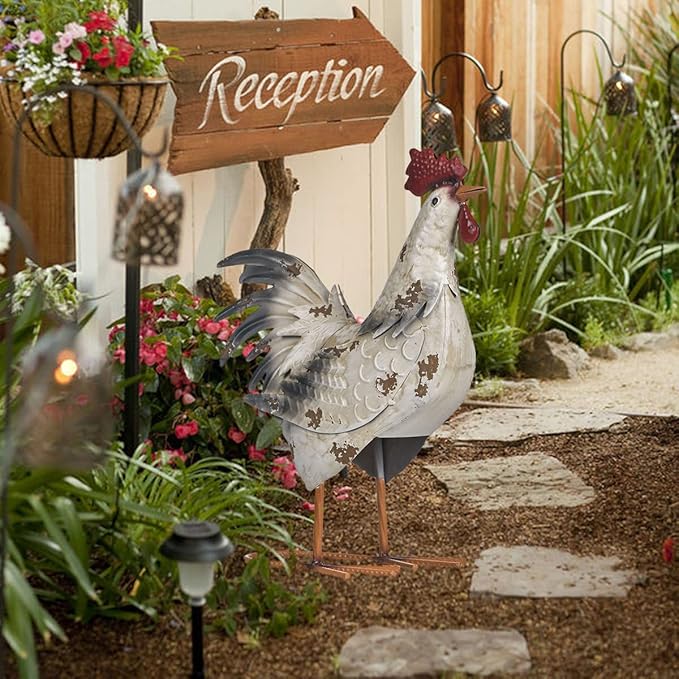 TERESA'S Collections Farmhouse Metal Rooster Garden Statues Decor, 15 Inch Rustic Outdoor Chicken Sculpture Figurines Yard Art for Farm Patio Lawn Kitchen Decorations,Spring Decor, Gift for Mom