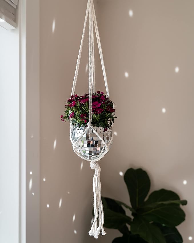 Hanging Disco Ball Planter 8" - with Acrylic Stand and Macrame Plant Hanger - Home Décor, Room Décor, Patio or Boho Décor, Mirror Disco Planter, Disco Decor (4" Mini with Base)