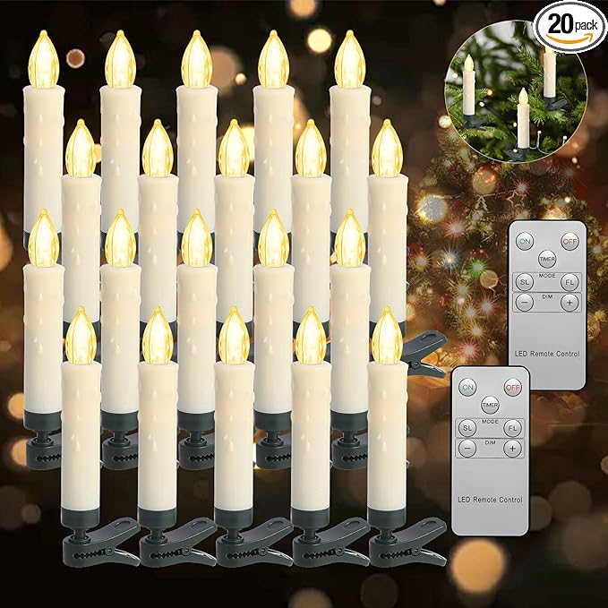 LED Christmas Candles, Flickering Clip on Candles for Christmas Tree, Battery Operated with Remote Timer, Warm White Light, Flameless Taper Candles for Home Christmas Decor, Set of 20