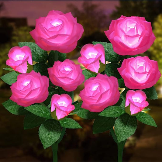 Solar Flower Lights Outdoor - Upgraded New Material Two Modes Realistic LED Solar Powered Waterproof Lights with 5 Roses, Solar Decorative Stake Lights for Garden (Pink, 2 Pack)