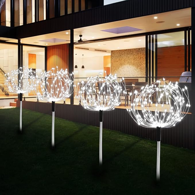 Solar Garden Fairy Lights 4 Pack 120 LED 30 Copper Wire Outdoor Firework Landscape Path String Lights Waterproof 8 Lighting Modes Remote Control for Backyard Christmas Party Decorative (White)