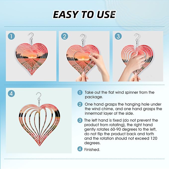 Sublimation Wind Spinner Blanks 8 Inch 4 Pack Wind Spinners Sublimation Blanks with Crystal Pendant Aluminum Metal Wind Spinners for Yard Garden Indoor Outdoor Window Porch Decoration（Heart