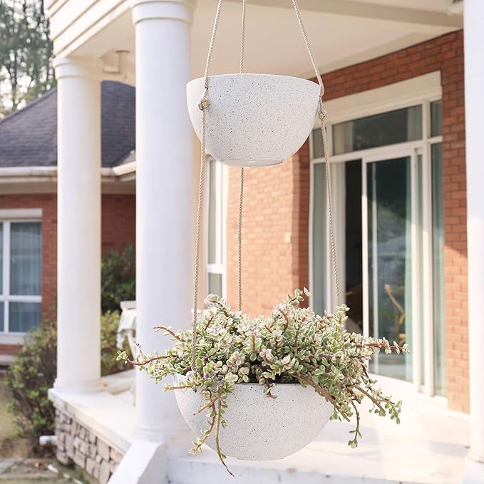 LA JOLIE MUSE 2 Tier Hanging Planters for Indoor & Outdoor Plants - Modern Flower Pots with Rope, Garden Planters with Drain Holes, Speckled White