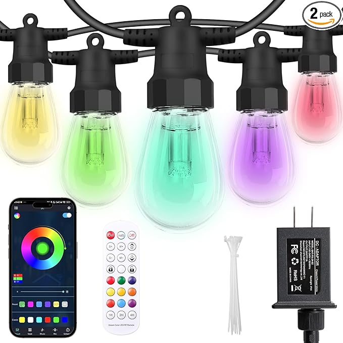 Outdoor String Lights 100FT, Outdoor Lights for Patio with 40 Dimmable RGBW LED Bulbs, IP66 Waterproof Shatterproof, with APP Control & Remote, 24V Adapter Color Change,for Backyard Decor