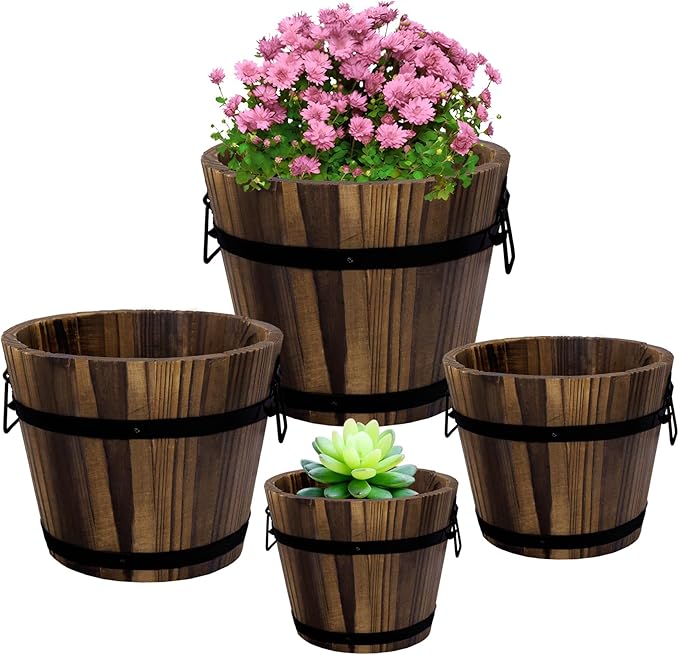 Adnee 4 Pack Wooden Whiskey Barrel Planters - 4 Sizes Wooden Bucket Barrel Garden Planters Set - Rustic Flower Planters Pots Container for Indoor Outdoor Garden Home Plants(4.7",6.1",7.1",9")