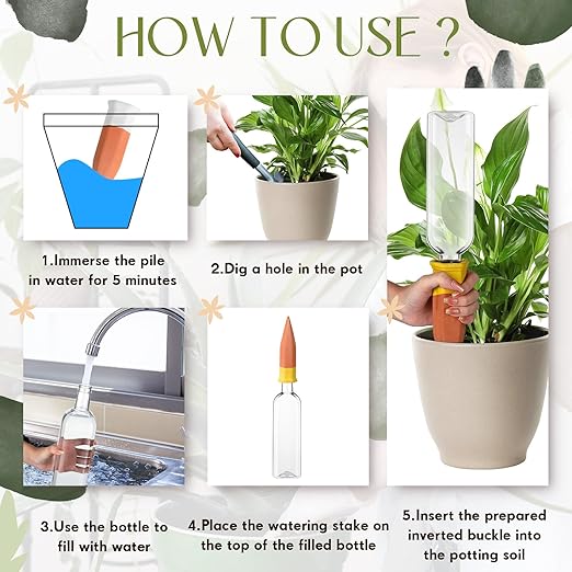 8 Pack Plant Watering Devices, Terracotta Self Watering Spikes with 25 oz Plastic Wine Bottles, Slow Release Plant Waterer Self Watering Planter for Vacation Indoor Outdoor Plant