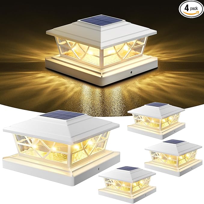 NIORSUN Solar Post Lights Outdoor 4 Pack, 2 Modes LED, Deck Fence Post Solar Lights for 3.5x3.5 4x4 5x5 5.5x5.5 Caps Patio Garden Decoration, White