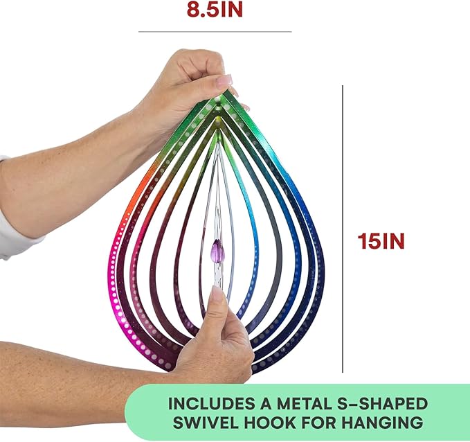 VP Home Lotus Teardrop Wind Spinner - 3D Metal Outdoor Hanging Lotus Decor for Garden and Yard - Kinetic Wind Spinners with S-Hook, Durable Weather-Resistant Steel - 8.5 x 15 Inches