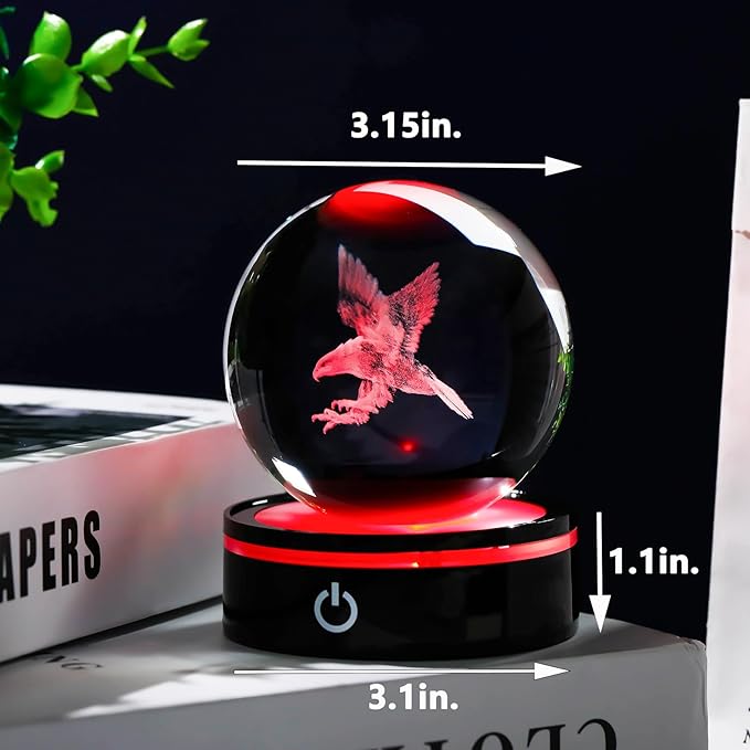 YWHL 3D Eagle Figurine Crystal Ball with Colorful Light Base, Eagle Gifts for Women Men Eagle Lovers on Christmas Birthday, 3D Laser Engraved Eagle Sphere Glass Ball for Home Office Decoration (80mm)