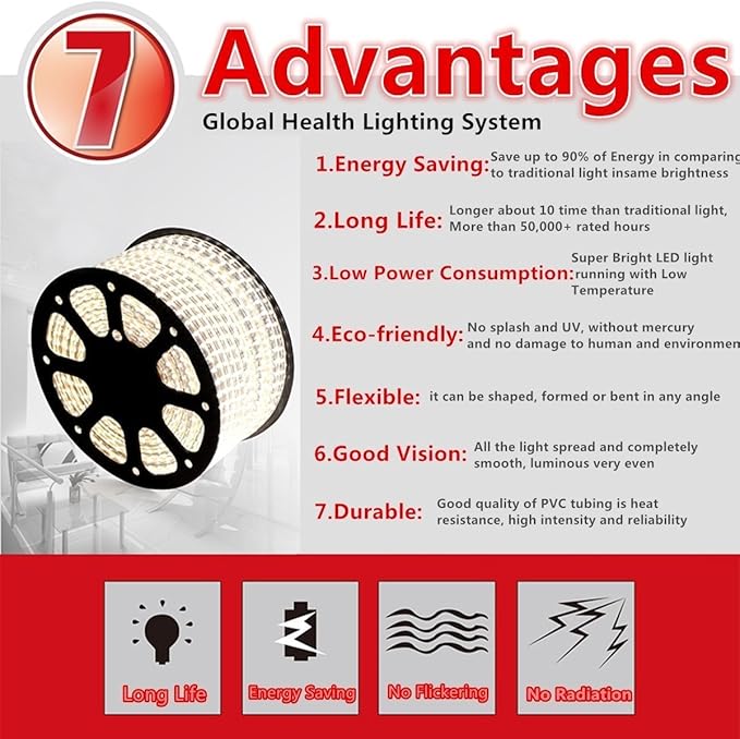 5050-60 Type AC 110-120V RGB LED Strip Lights, Flexible/Waterproof/Dimmable/Multi-Colors/Multi-Modes LED Rope Light + 24 Keys Remote for Home/Garden/Building Decoration (32.8ft/10m, RGB)