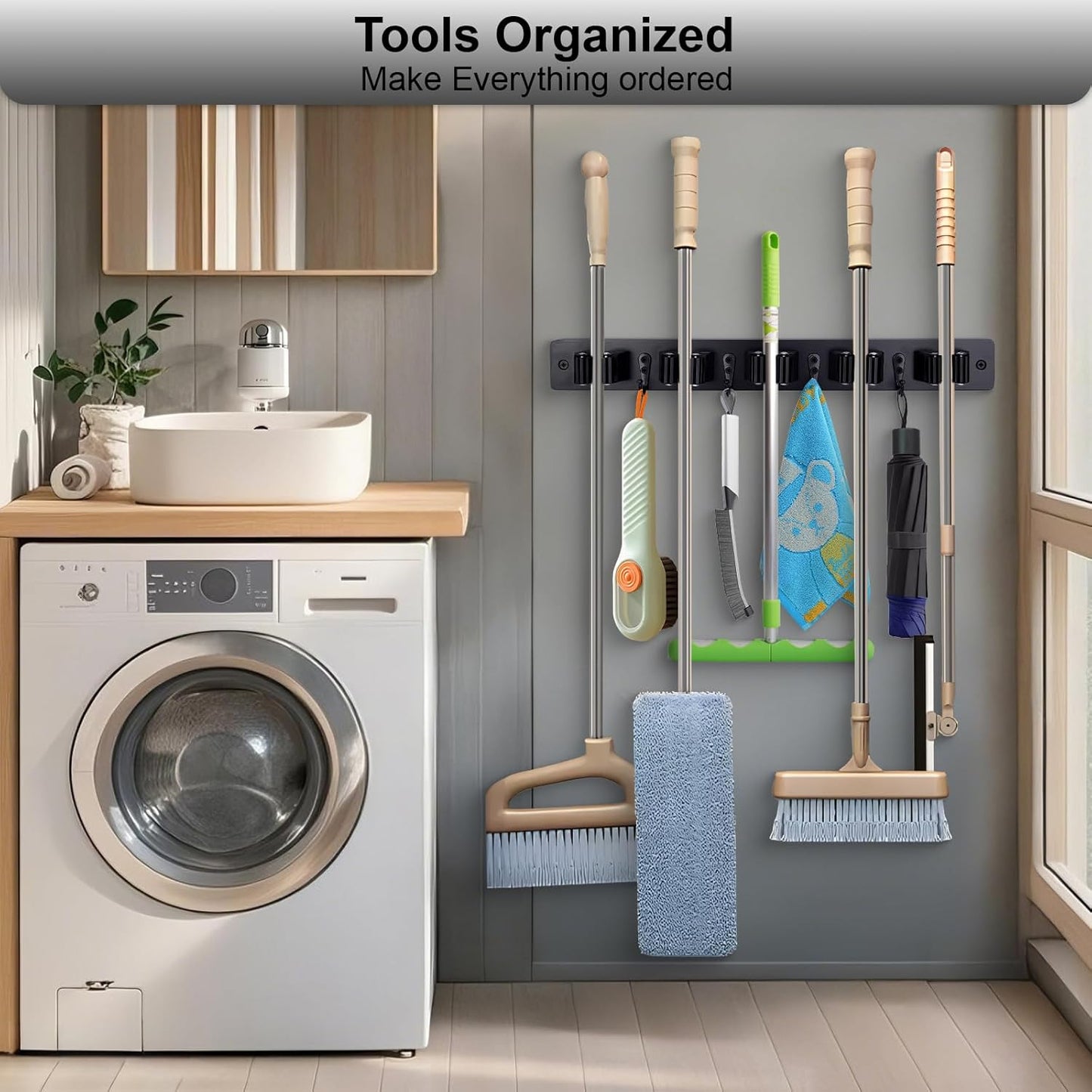 Broom Holder Wall Mount With 5 Slots & 4 Hooks，Rustic Wood Broom & Mop Hanger，Wall Mounted Garden & Garage Tool Storage Organizer Rack for Closet Laundry Room or Kitchen Wall Decor Black