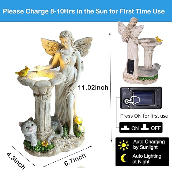 Angel Garden Statue, Solar Figurine with Outdoor Décor Resin Cat Sculpture Lawn Ornament,Ideal Yard Art for Patio Lawn Yard Housewarming Garden Gift