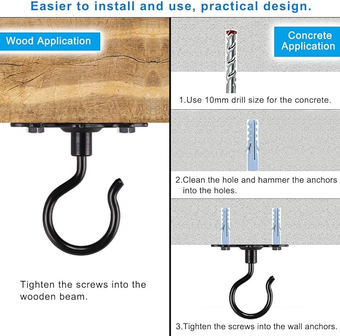 Dolibest Wall Mount Ceiling Hooks,Plant Hooks for Ceiling Metal Plant Bracket Iron Wall Mount Lanterns Hangers Hooks for Hanging Plants Lights, Outdoor Wire, Fairy Lights, Wind Chimes, Black(2PCS)