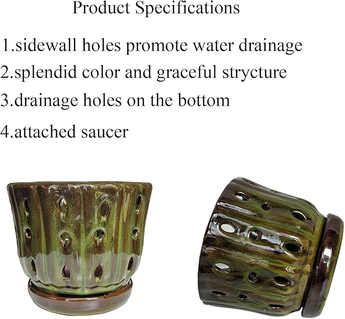 Ceramic Orchid Pots with Attached Saucer and Drainage Hole 6'' Orchid Planter (mossgreen)