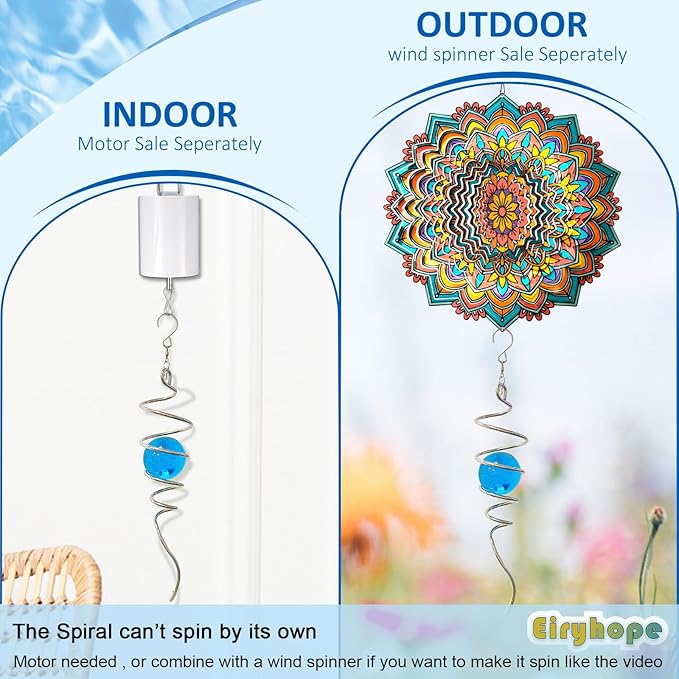 Gazing Ball Spiral Tail with Blue Glass Orb, 3D Wind Spinners Stabilizer, Wind Spinner Spiral, Hanging Rotating Art Decor - Visual Illusion in Spinning, Indoor Outdoor Garden Decoration 13in