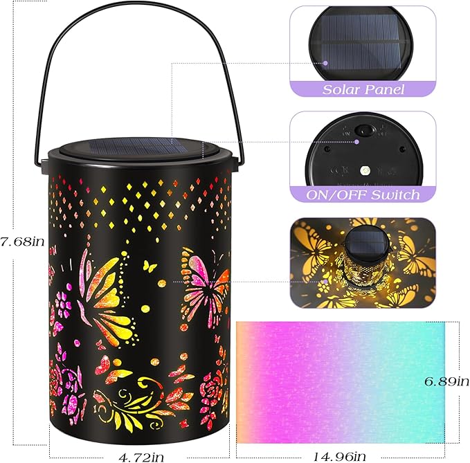Solar Lantern Butterfly Outdoor Waterproof,Two Lighting Modes Garden Decor Christmas Gifts for Women Mom Grandma Hanging Solar Lights Metal Decor for Outside,Backyard,Patio