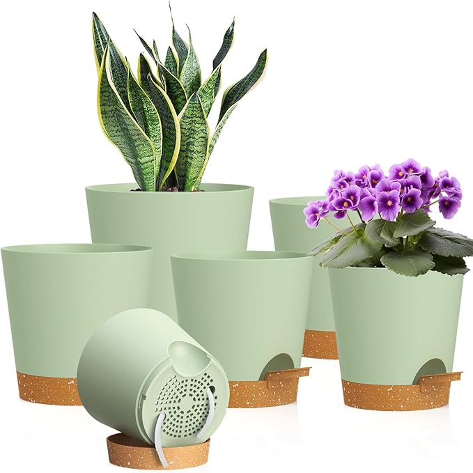 7/6.5/6/5.5/5/4 inch Self Watering Pots for Indoor Outdoor Plants, 6 Pack Plastic Flower Planters with Drainage Holes and Removable Saucers, Plant Pots with Wicking Rope, Green Brown