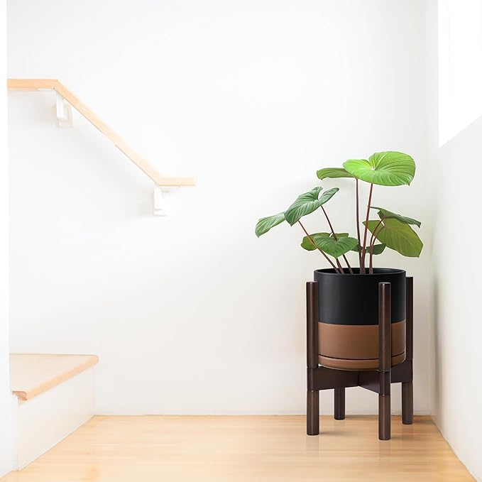 D'vine Dev Ceramic Planter with Walnut Color Stand - 8 Inch Modern Round Flower Pot with Wood Planter Holder, Black/Speckled Tan, 55-B-Y-7