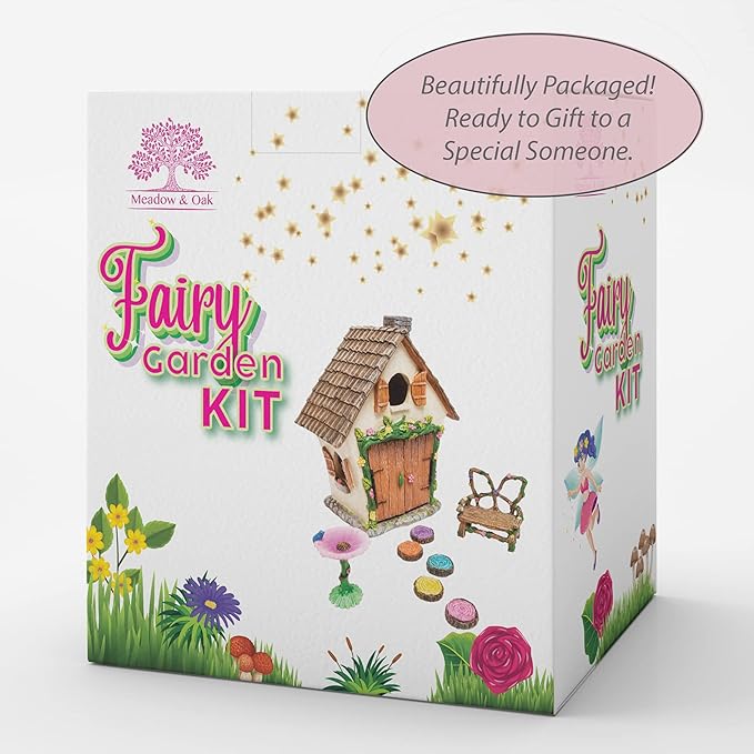 Meadow & Oak Fairy House Kit, Outdoor Fairy Garden Kit for Kids & Adults, Fairy Garden House with Doors That Open & Fairy Garden Accessories, Magical Fairy Garden Set Includes Adorable Accessories