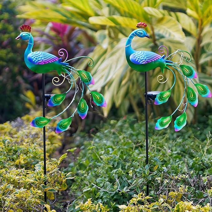 DREAMSOUL 2 Pack Peacock Solar Lights Outdoor Waterproof, Metal Outdoor Solar Lights for Yard Garden Peacock Decor