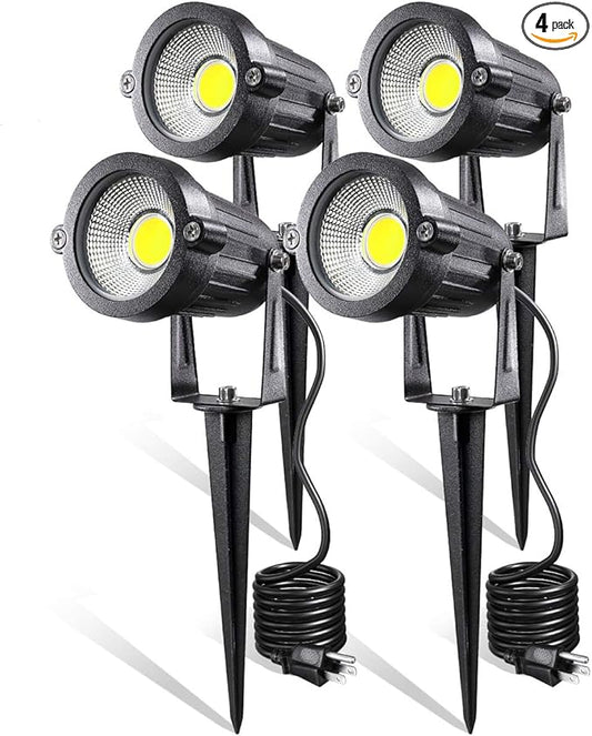 LED Landscape Lights,5W 120V AC Outdoor Pathway Garden Yard Spotlight,IP65 Waterproof Garden Flood Light,Outdoor Spotlight with Stake,UL Cord 5-ft with Plug (Pack of 4, Daylight White)