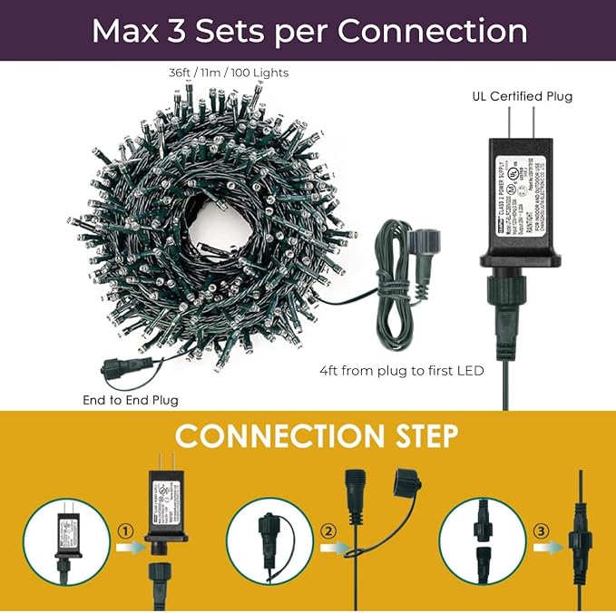Soft Magic Twinkle Christmas String Lights 100 LED (Warm White) 36 FT, Plug in, Connectable Waterproof Green Wire, Decorations Indoor Outdoor Patio Yard Garden Wedding