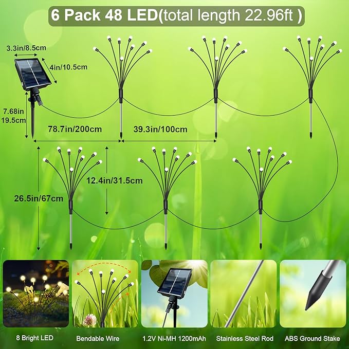 New Upgraded Solar Garden Lights, 6 Pack 48 LED Solar Firefly Lights Outdoor Waterproof, Solar & USB Charging, 8 Modes Swaying Light for Yard Pathway Patio Landscape Outdoor Decoration Lights