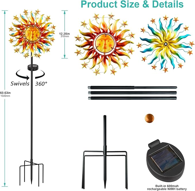 Solar Wind Spinners for Yard and Garden - 60.3 Inch 360° Metal Sun Wind Sculptures Outdoor Clearance Kinetic Windmills with Vine String Shining LED Lights for Patio, Lawn Xmas Garden Decoration