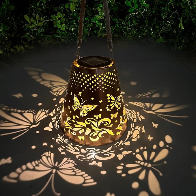 Butterfly Solar Lanterns Outdoor Waterproof, Garden Decor Gifts for Women Mom Grandma Hanging Solar Lights Hollowed-Out Metal Solar Decoration Outside for Patio, Yard, Pathway, Front Porch(1 Pack)