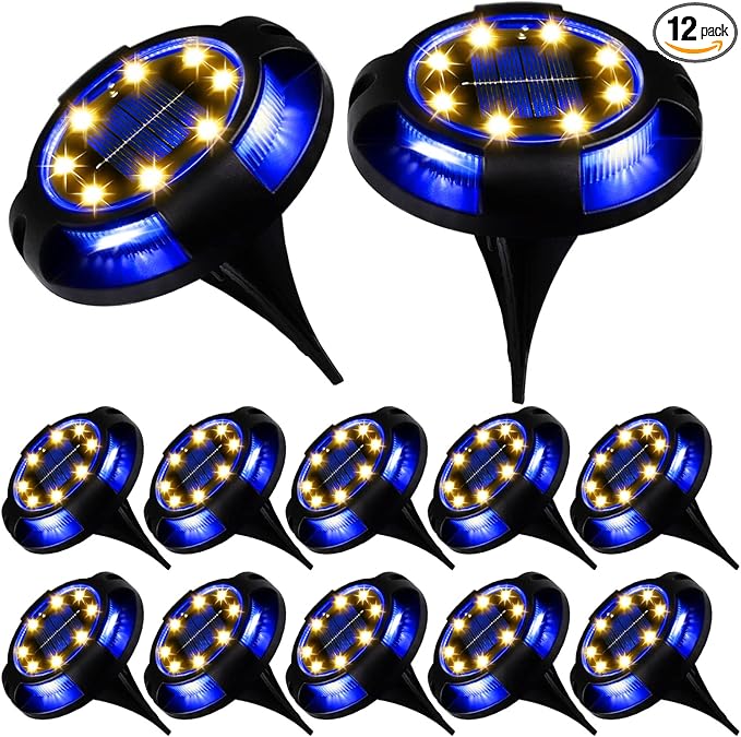 K.E.J. Solar Ground Lights 12 Pcs Disk Lights Outdoor - Waterproof In-Ground Lights,Solar Landscape Lighting as Valentine's Day Decorations Outdoor for Garden Pathway Yard Deck Walkway Driveway