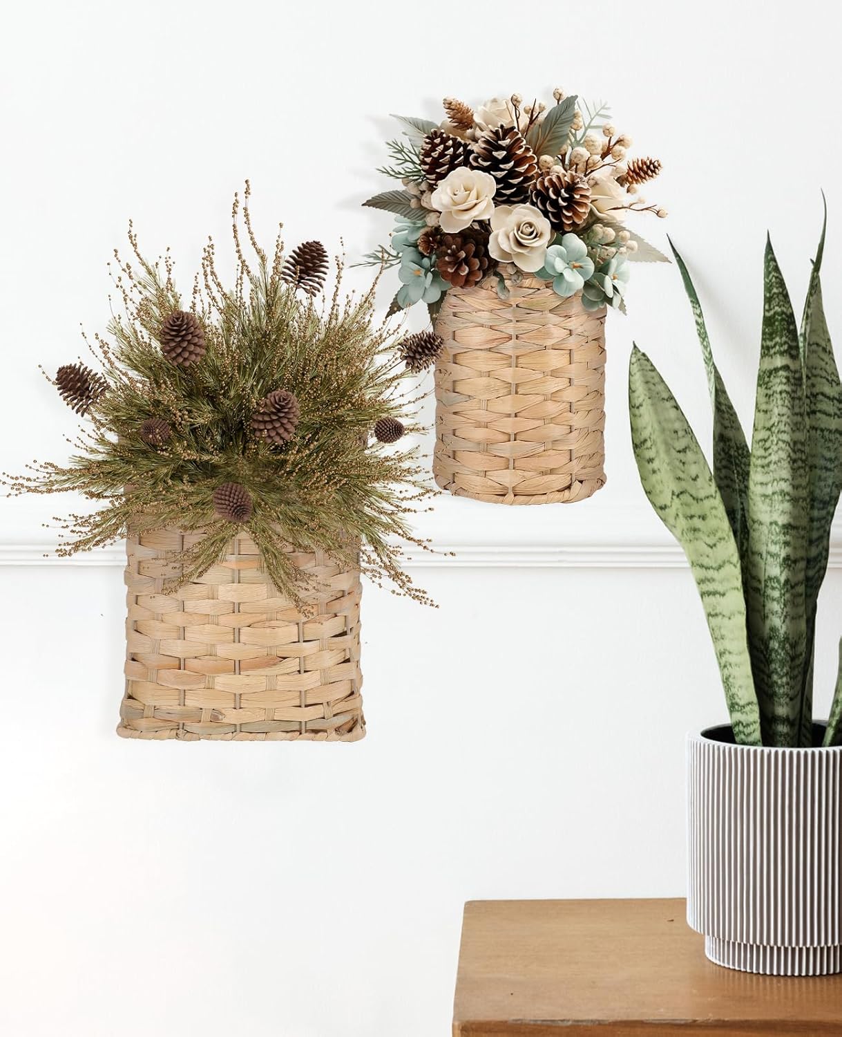 AceList Woven Hanging Basket for Front Door Set of 2, Handmade Water Hyacinth Hanging Wall Basket, Natural Wicker Storage Bins with Handles, Decorative Boho Organizer for Home Farmhouse Decor