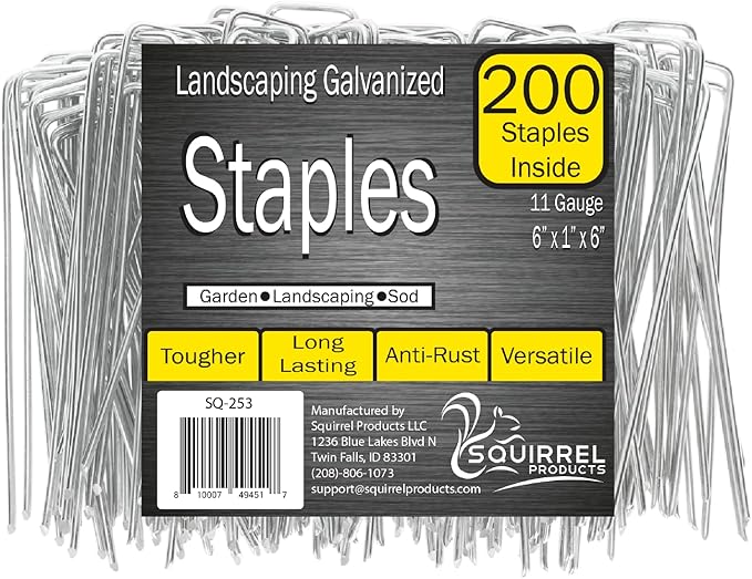 Squirrel Products U Shape Garden Stakes Metal, 6 Inch Landscaping Staples, 11 Gauge Stakes for Landscaping Fabric, 2.9mm 15x2.5x15cm – 200 Pack